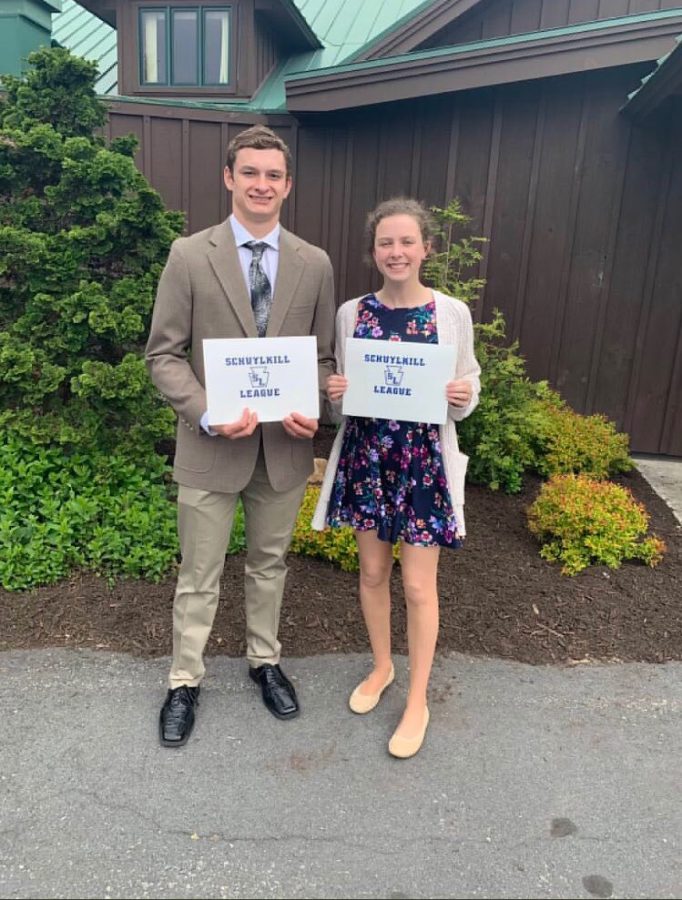 Seniors+Zach+Turnitza+and+Alexis+Yoder+pose+with+their+scholar+athlete+awards+presented+to+them+by+the+Schuylkill+League.+This+award+is+the+result+of+their+academic+and+athletic+success.+Alexis+said%2C+%E2%80%9CIt+validated+all+of+my+hard+work+in+the+classroom+and+on+the+field.%E2%80%9D